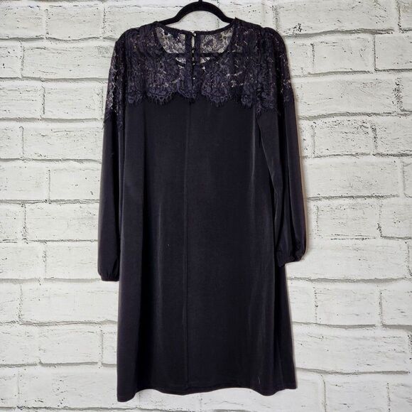 Trucloth Long Sleeve Solid Black Lace Neckline Knee Length Shirt Dress Large LBD - Picture 1 of 11